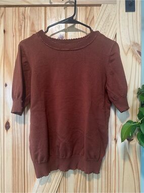 Anne Klein Short-Sleeve Crewneck Sweater in Rust Brown